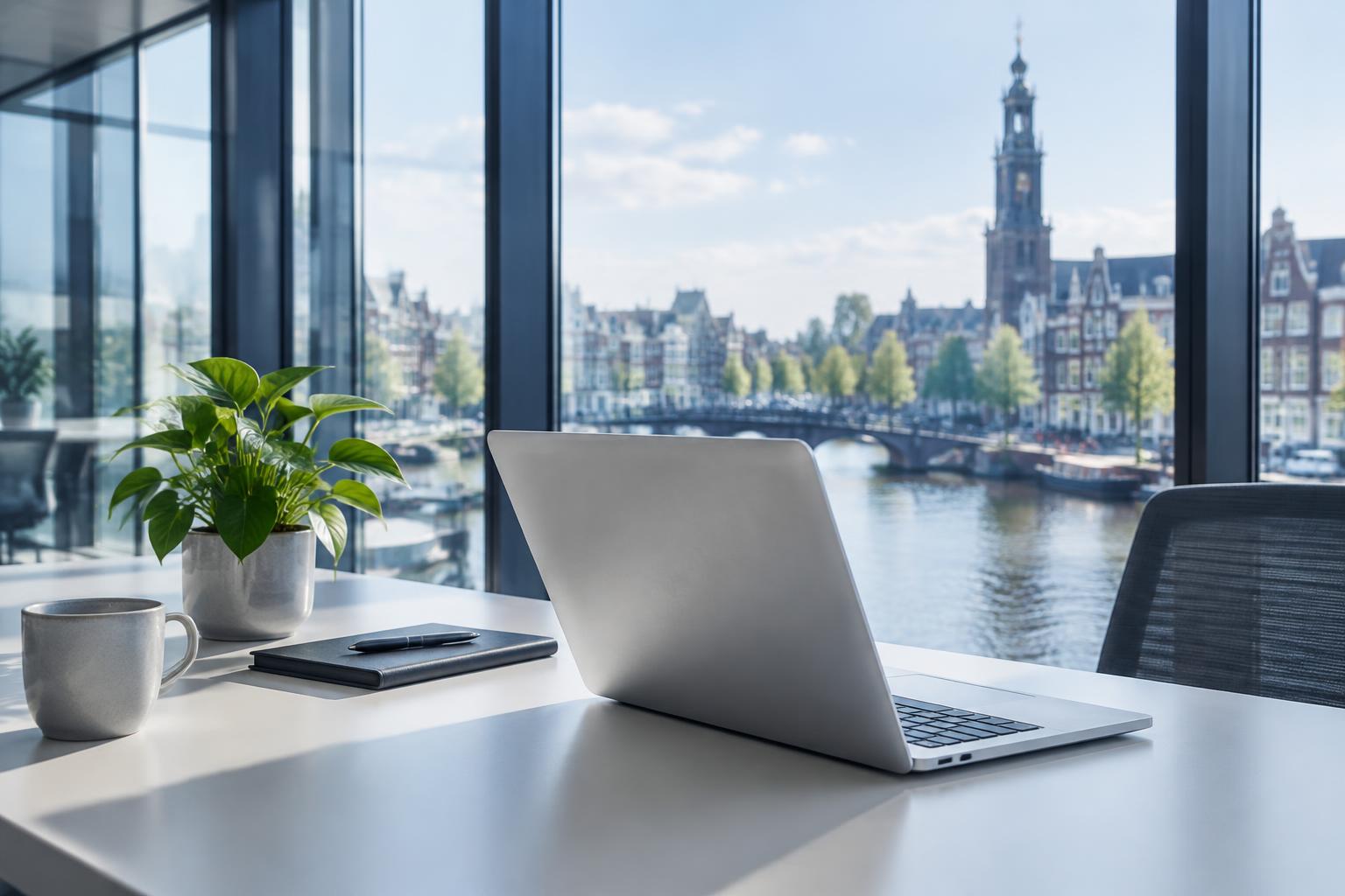 Laptop op een bureau in een licht kantoor